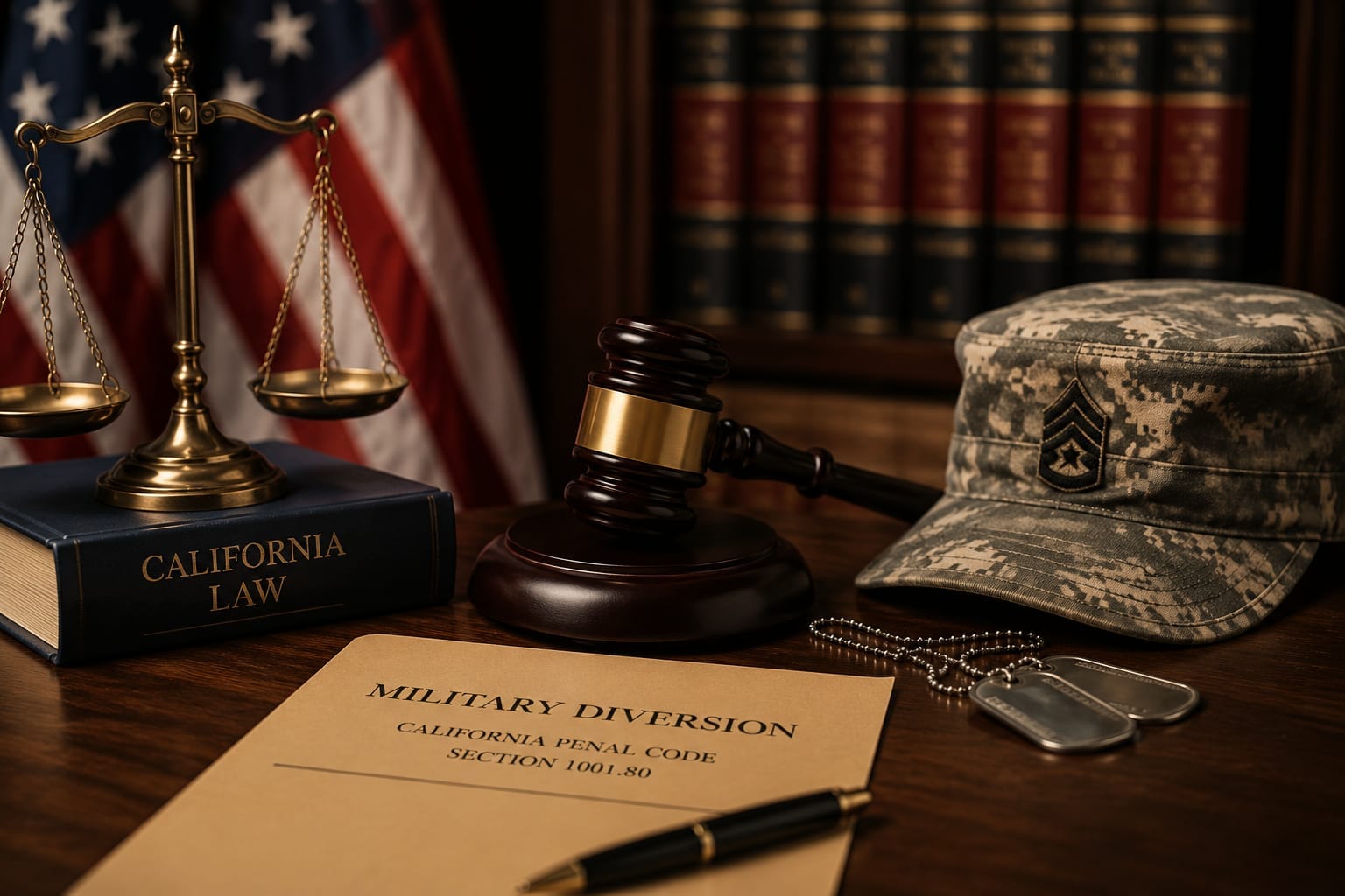 Military diversion California Penal Code Section 1001.80 document with gavel, scales of justice, military cap and dog tags representing veteran DUI defense in Orange County