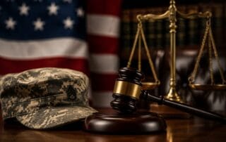 Military diversion DUI lawyer Orange County - military cap, gavel and scales of justice representing veteran DUI defense