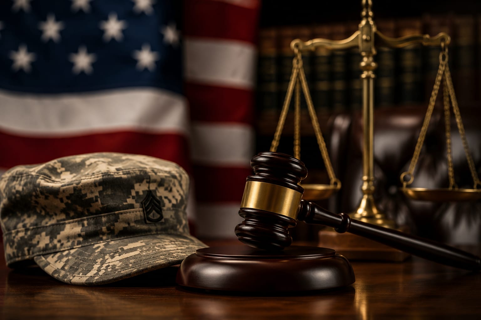 Military diversion DUI lawyer Orange County - military cap, gavel and scales of justice representing veteran DUI defense