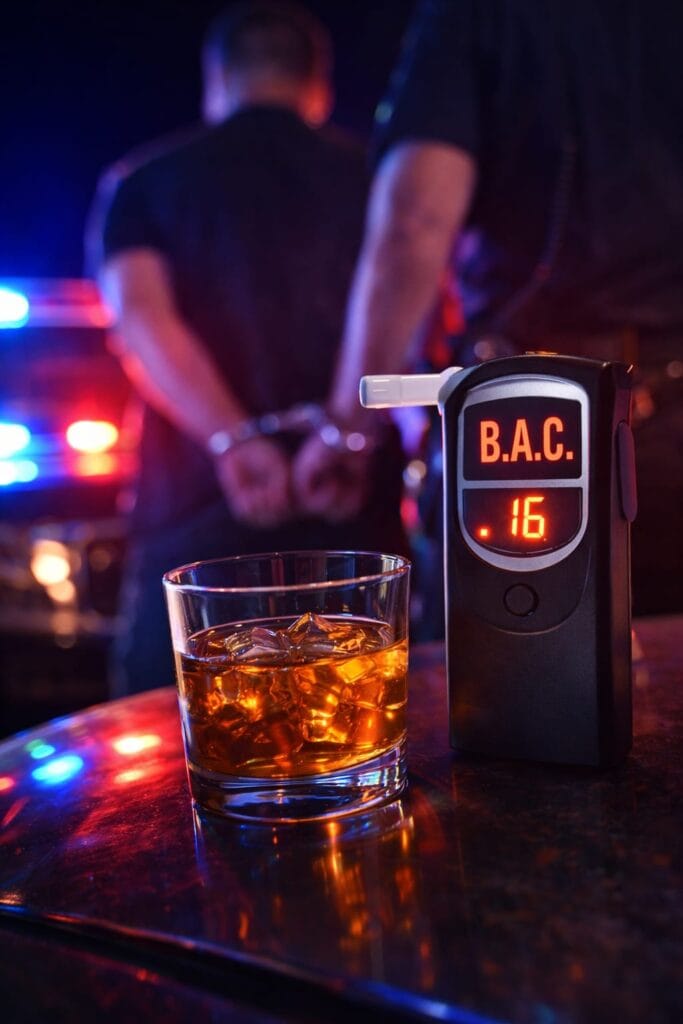 Breathalyzer showing .16 BAC during DUI arrest in California with police lights in background
