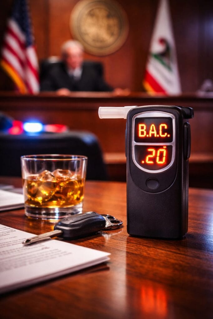 Breathalyzer showing .20 BAC in courtroom representing high BAC enhancement penalties in California DUI cases