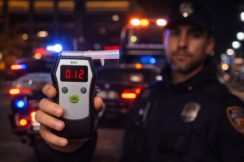 Police officer administering a breathalyzer test during a DUI stop in California
