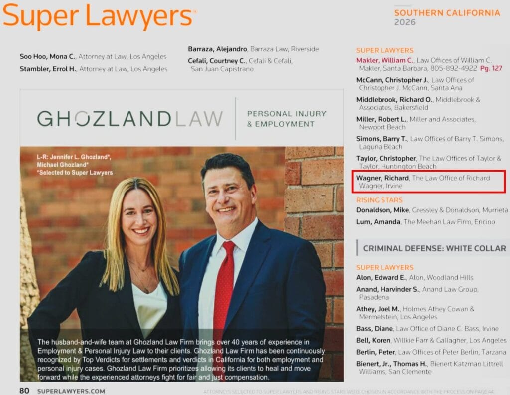 Richard Wagner listed in the 2026 Southern California Super Lawyers directory for DUI defense in Irvine, California