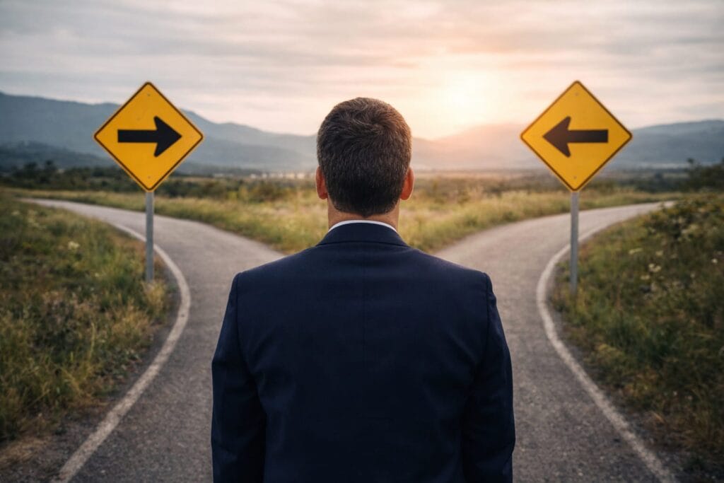 Choosing the best DUI lawyer in Orange County decision concept with two paths