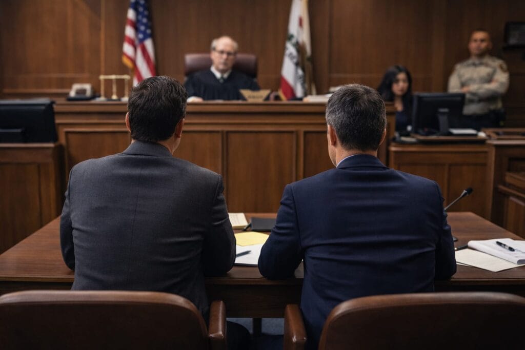 DUI courtroom hearing in Orange County California with attorney and client before judge