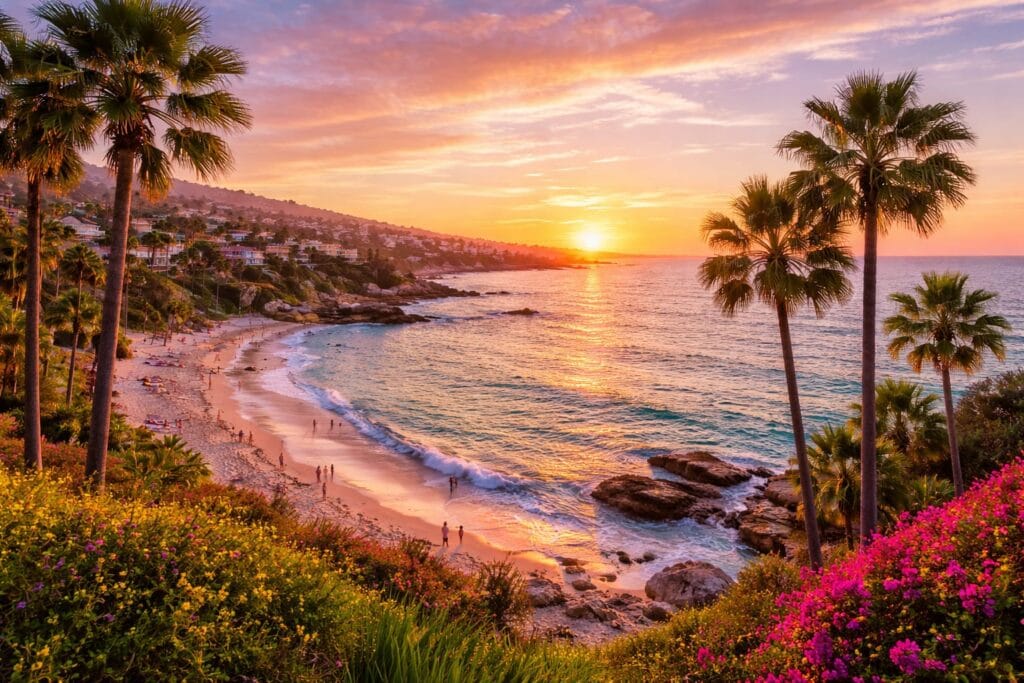 Laguna Beach Orange County coastline at sunset with palm trees and ocean views in Southern California