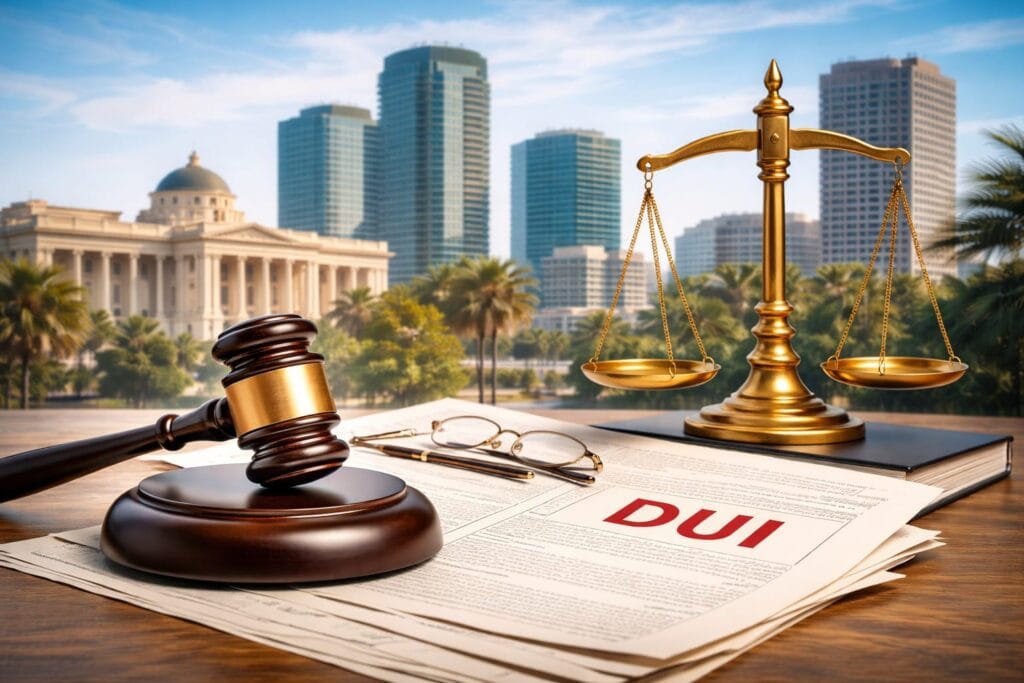 Orange County DUI courthouse skyline with gavel scales of justice and legal documents