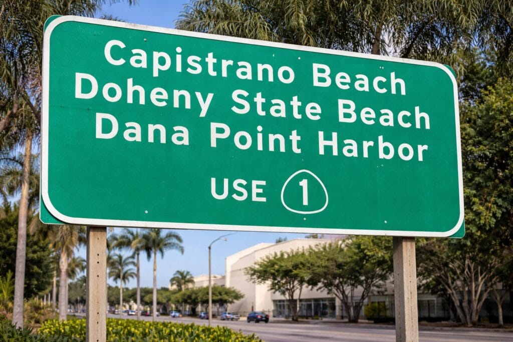 Capistrano Beach and Dana Point Harbor exit sign in South Orange County California