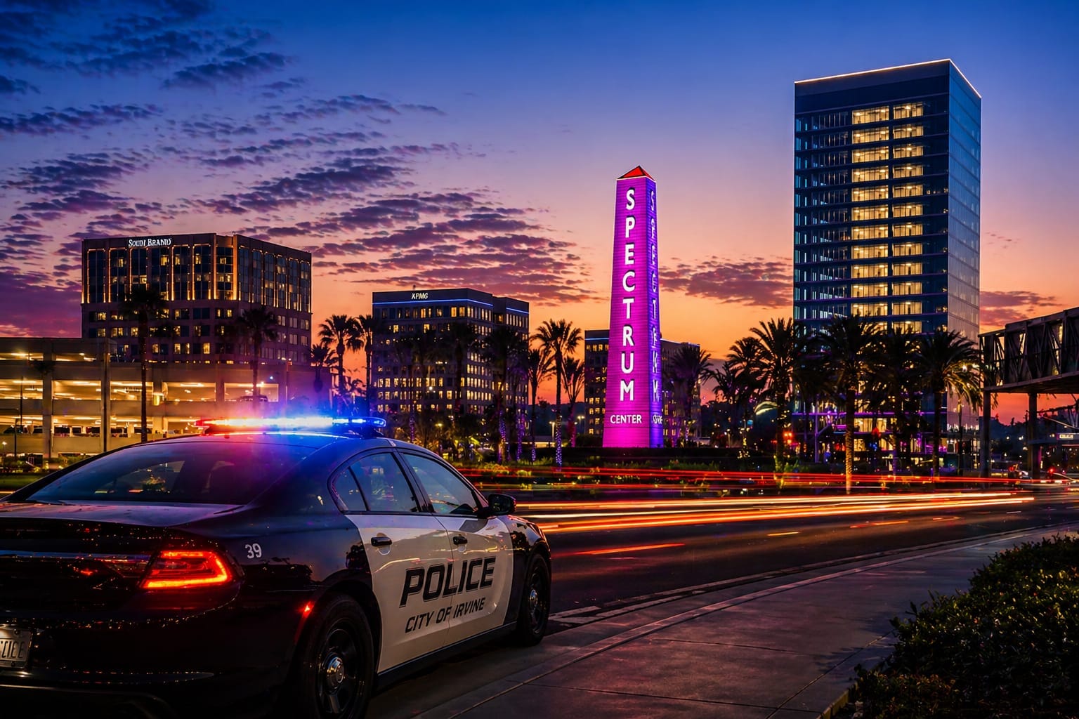Police car with flashing lights on a city street at dusk, Spectrum Center sign glowing in pink and tall buildings in the background.