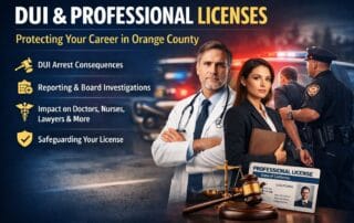 Banner about DUI and professional licenses; doctor and lawyer in foreground with police in the background, listing consequences and protections for licenses in Orange County.