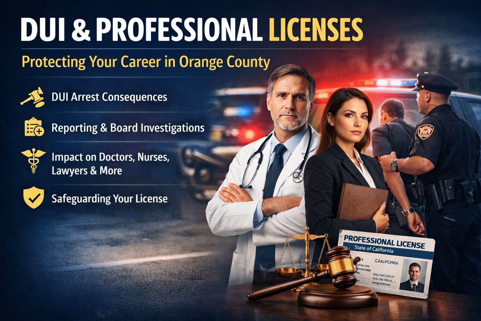 Banner about DUI and professional licenses; doctor and lawyer in foreground with police in the background, listing consequences and protections for licenses in Orange County.