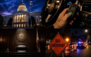 California DUI bills 2026 — State Capitol legislation, ignition interlock device, Orange County courtroom, and DUI checkpoint sign at night