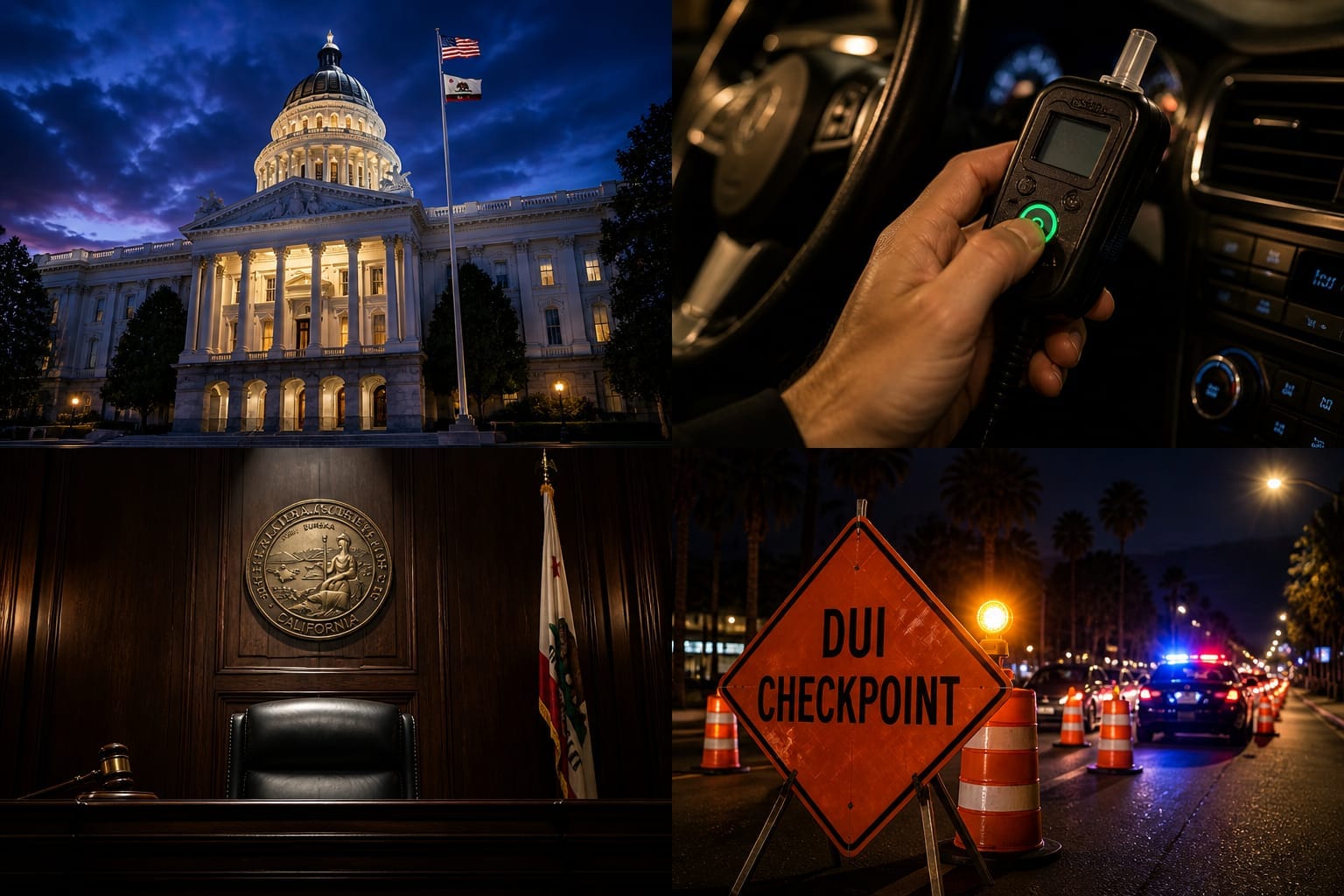 California DUI bills 2026 — State Capitol legislation, ignition interlock device, Orange County courtroom, and DUI checkpoint sign at night