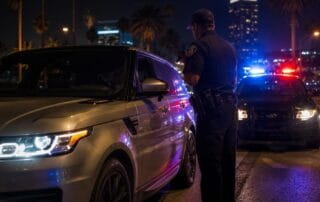 Orange County police officer at driver window during DUI traffic stop at night with police lights and palm trees in background