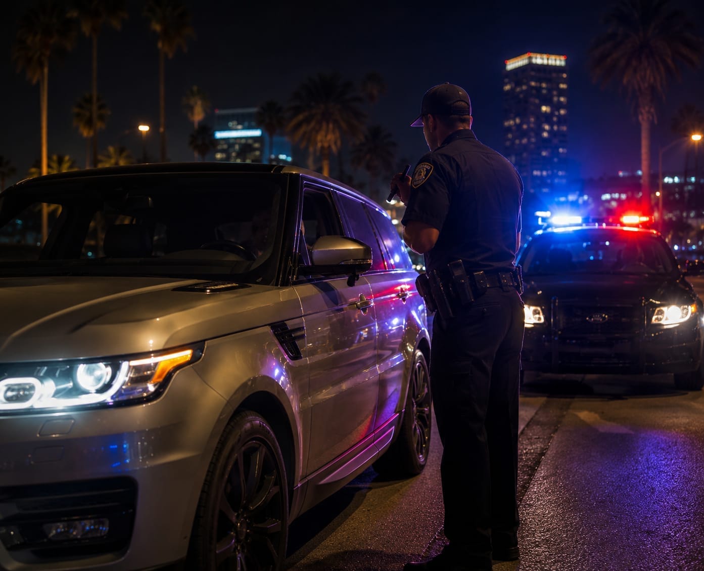 Orange County police officer at driver window during DUI traffic stop at night with police lights and palm trees in background