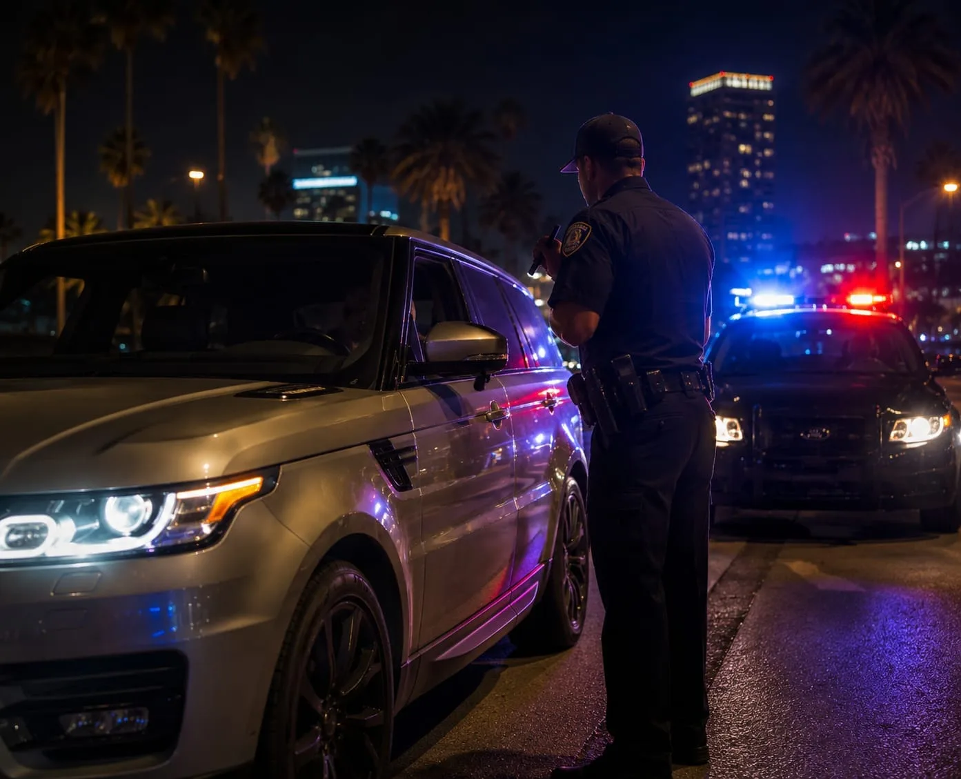 Orange County police officer at driver window during DUI traffic stop at night with police lights and palm trees in background