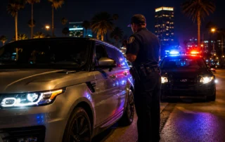 California police officer speaking with a driver during a nighttime traffic stop in Orange County. Image illustrating what drivers should know when asked if they have been drinking during a DUI investigation.