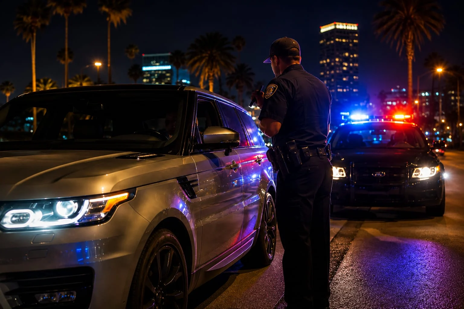 California police officer speaking with a driver during a nighttime traffic stop in Orange County. Image illustrating what drivers should know when asked if they have been drinking during a DUI investigation.