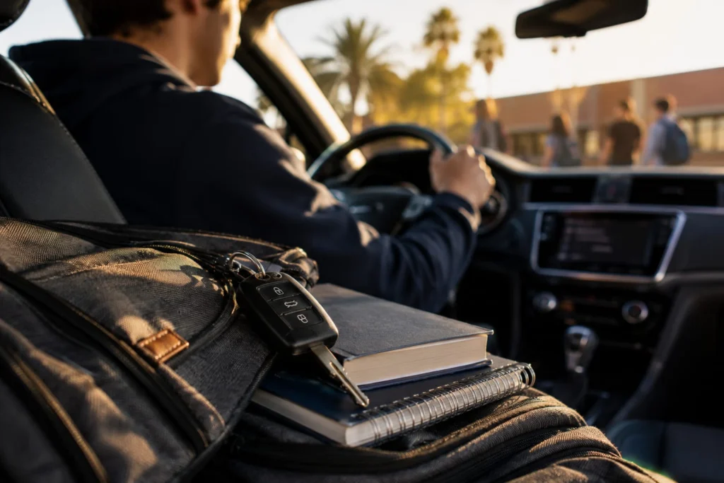 Young driver behind the wheel with car keys and school materials inside a vehicle, representing California under-21 DUI laws.