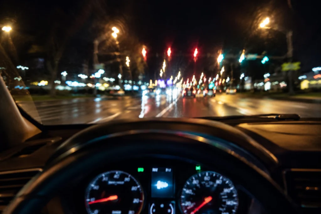 Nighttime driving view through a windshield with blurred roadway lights illustrating impaired perception and reduced driving ability.