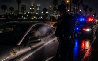 Officer checks a silver sports car at night as blue and red police lights glow on a wet street with a city skyline in the background.