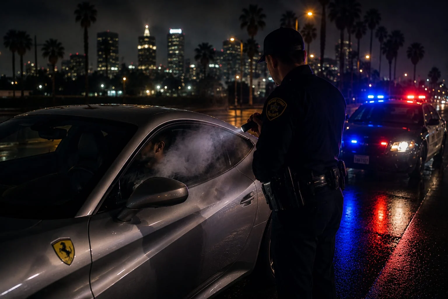 Officer checks a silver sports car at night as blue and red police lights glow on a wet street with a city skyline in the background.