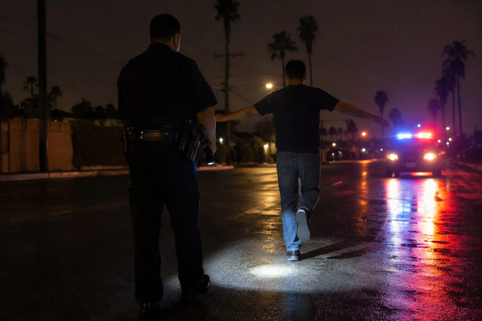 Police officer administering a field sobriety test during a nighttime DUI stop in Orange County