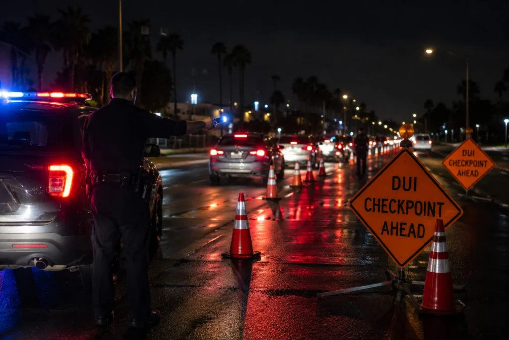 DUI Checkpoint in Orange County - DUI Lawyer Orange County DUI checkpoint ahead sign with police vehicle and traffic cones on a wet nighttime road in Orange County
