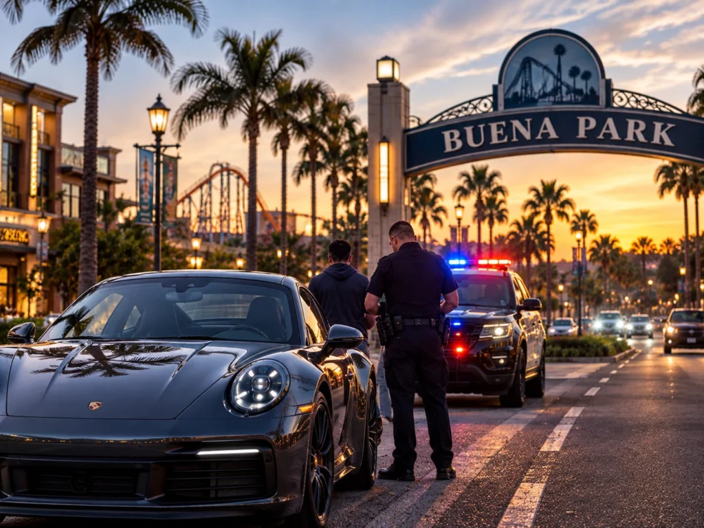 DUI Traffic Stop at Buena Park City Entrance - DUI Lawyer Orange County Buena Park city entrance sign with police responding to a DUI stop