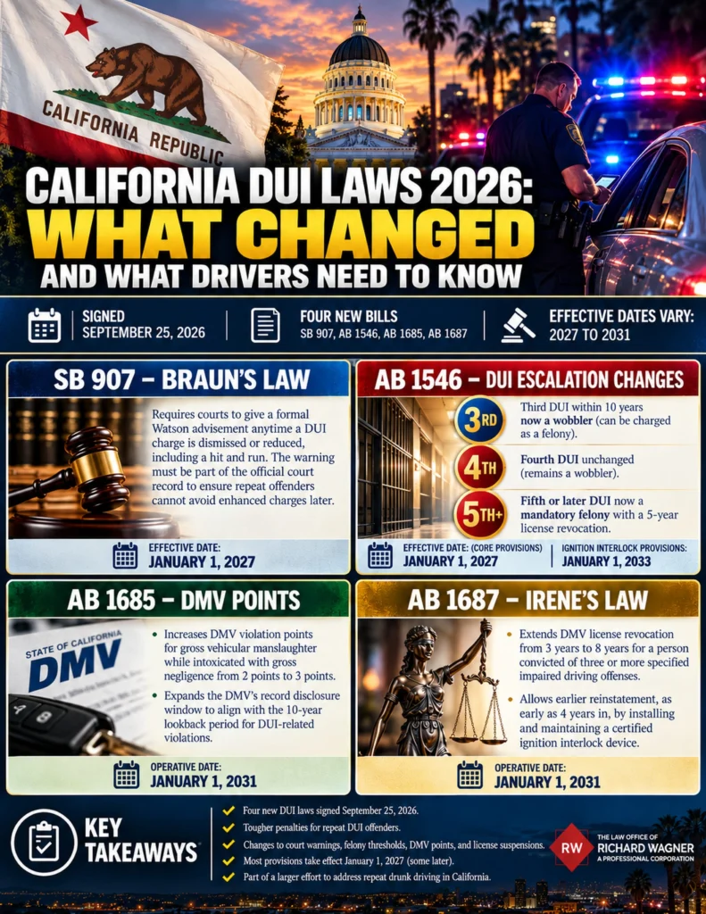 California DUI Laws 2026 Infographic - DUI Lawyer Orange County - DUI Lawyer Orange County Infographic summarizing California's new 2026 DUI laws, including Braun's Law, AB 1546, AB 1685, and Irene's Law