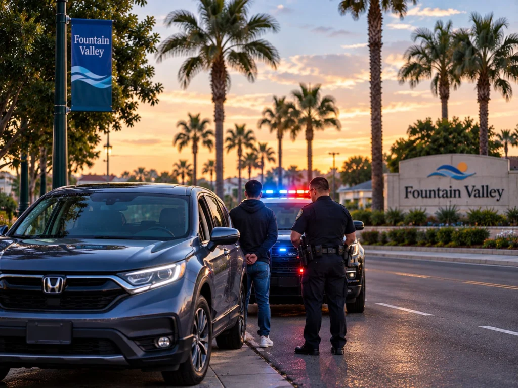 Fountain Valley city sign with police responding to a DUI stop