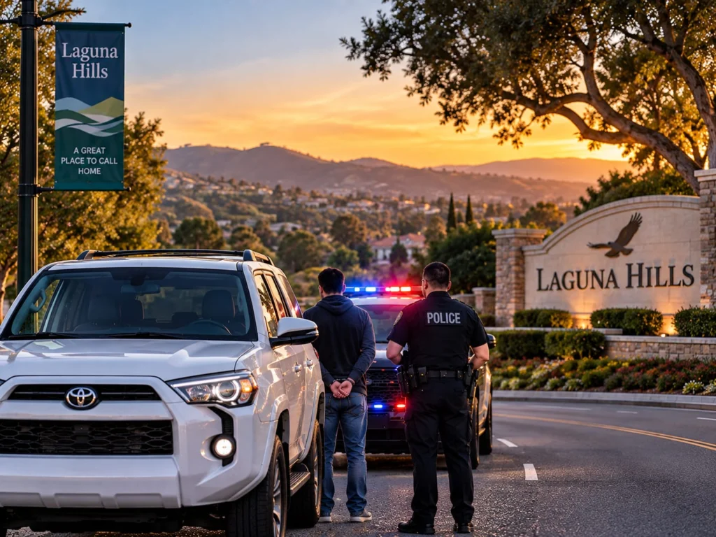 Laguna Hills city sign with police responding to a DUI stop