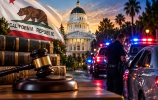 New California DUI Laws 2026 graphic showing the California Capitol, a gavel, and a nighttime traffic stop