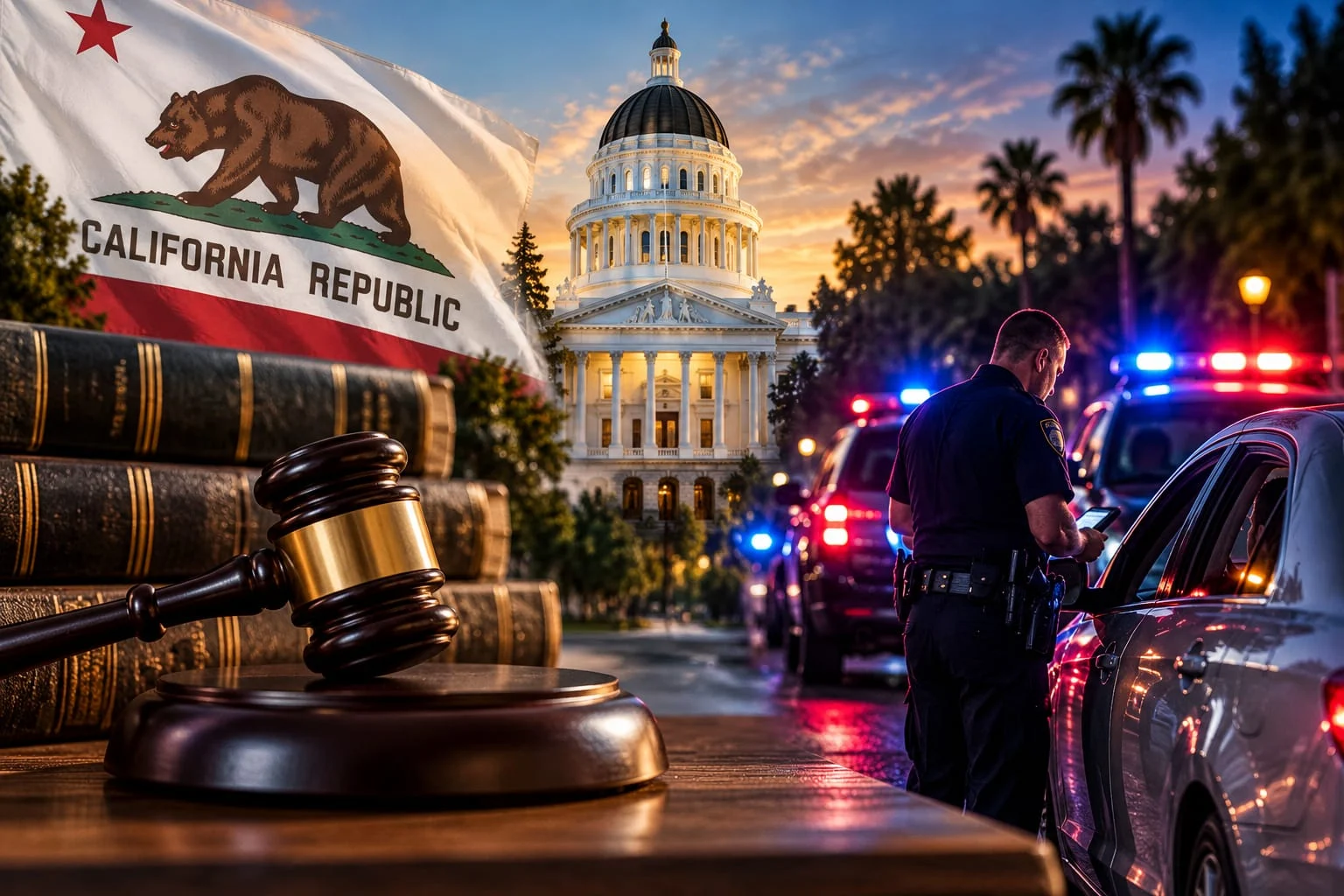 New California DUI Laws 2026 graphic showing the California Capitol, a gavel, and a nighttime traffic stop