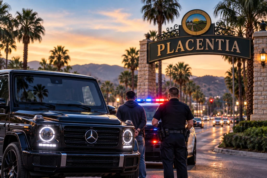 DUI Traffic Stop at Placentia City Entrance - DUI Lawyer Orange County Placentia city entrance sign with police responding to a DUI stop