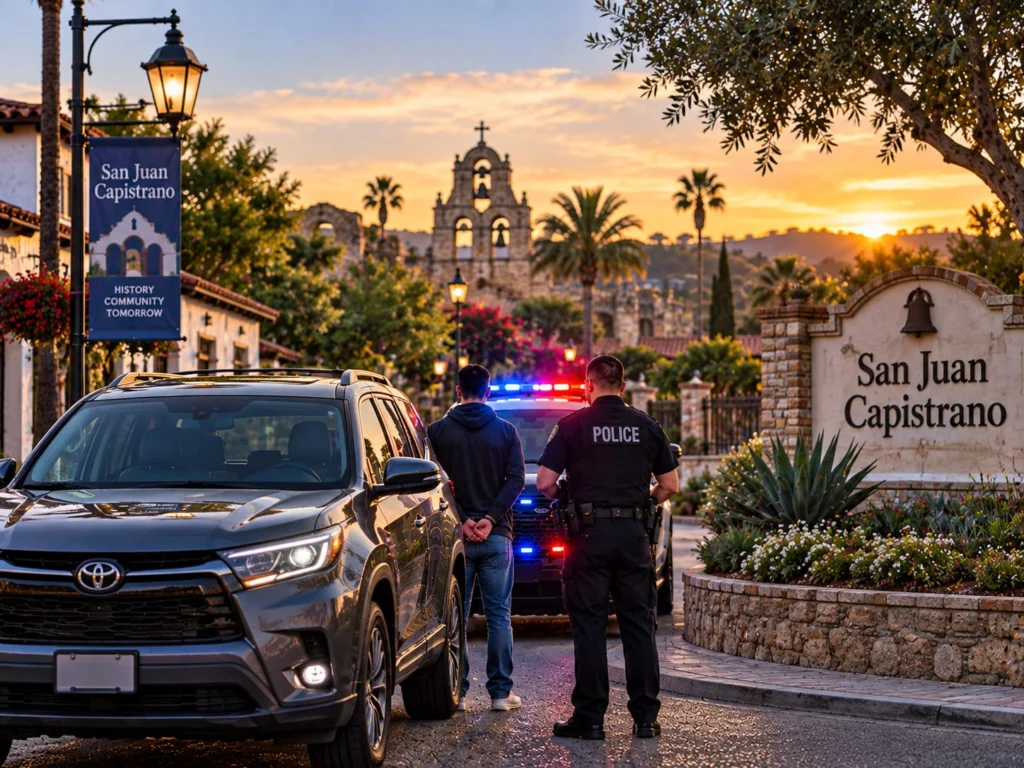 San Juan Capistrano city sign with police responding to a DUI stop