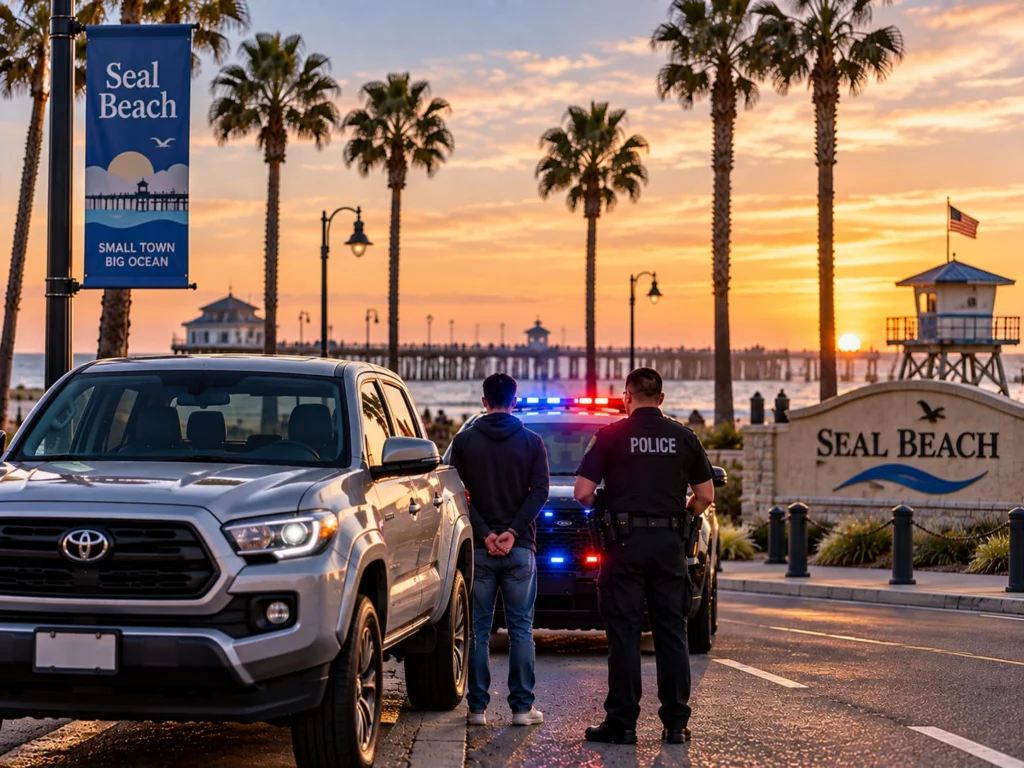 Seal Beach city sign with police responding to a DUI stop