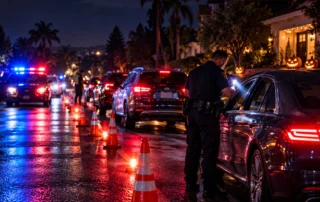 Orange County DUI checkpoint at night with police officer and Halloween decorations in background