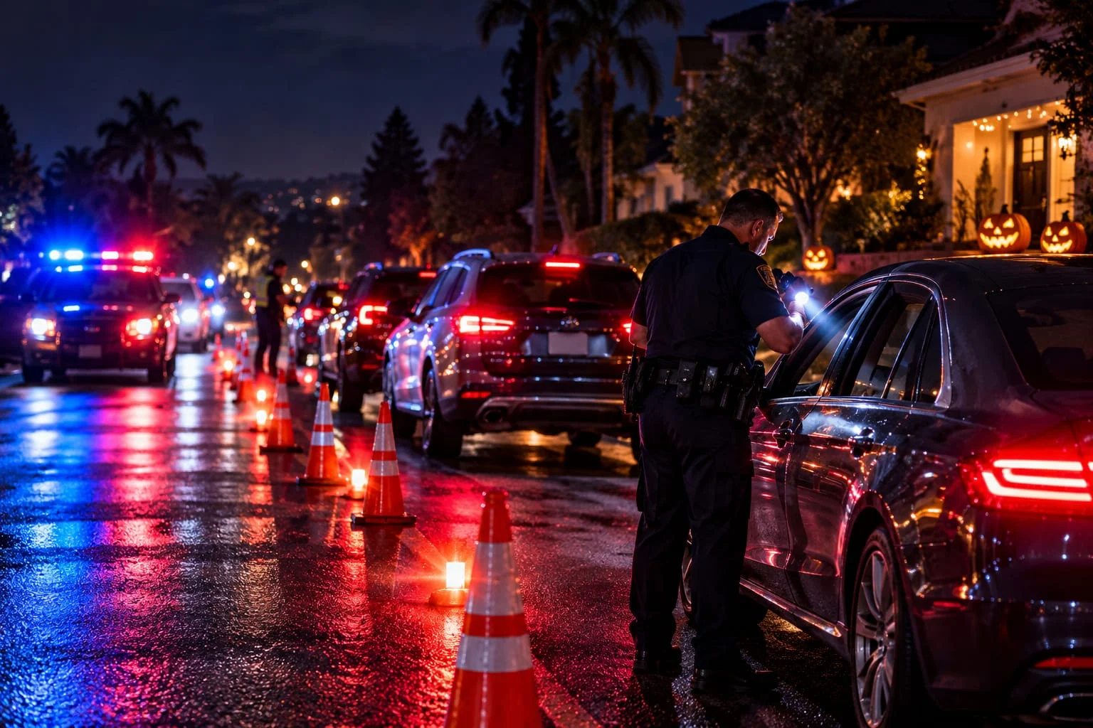 Orange County DUI checkpoint at night with police officer and Halloween decorations in background